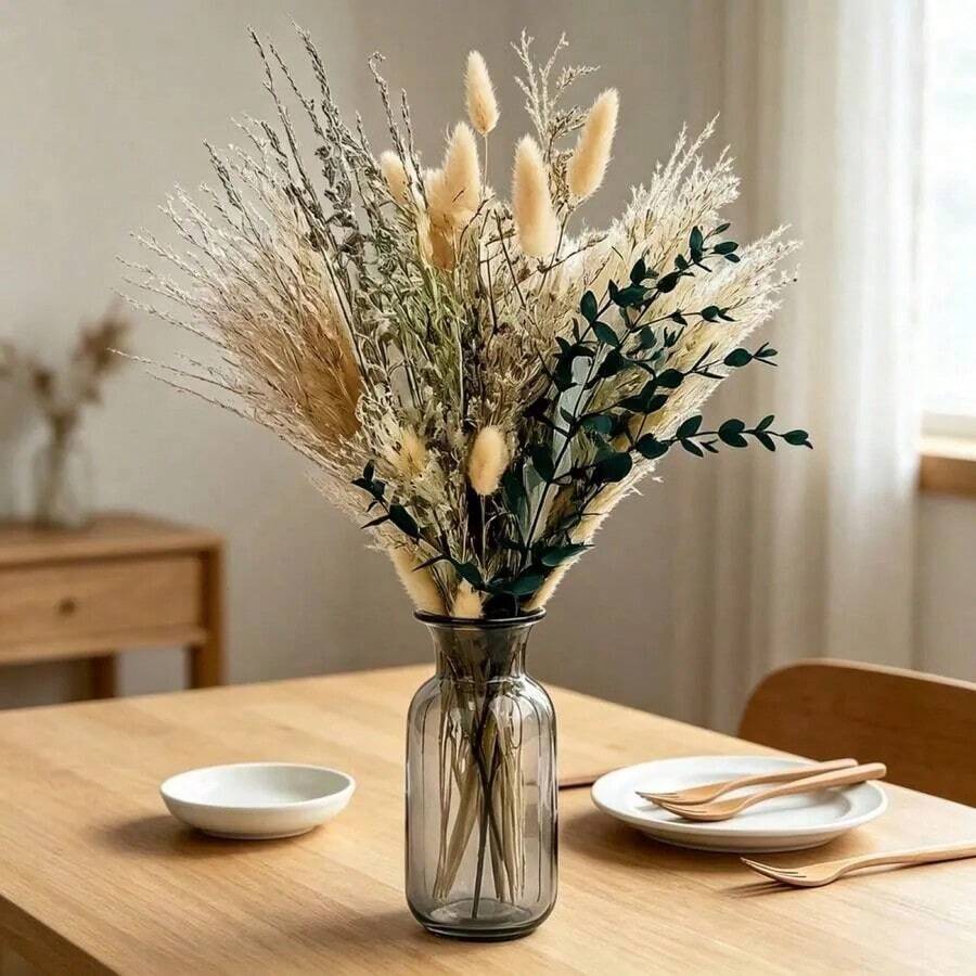 1 Bouquet Boho Artificial Pampas Reed Grass Bouquets, Artificial Floral Vase Fillers For Table Centerpieces, Wedding Home DIY Decor - Green - View 1
