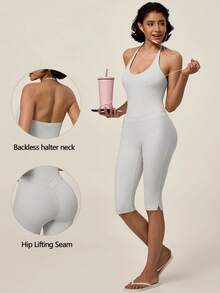 TimeOff Jumpsuit Wanita Satu Potong Warna Polos Model U-Neck Halter Tanpa Punggung dengan Tali Bahu yang Dapat Diatur dan Belahan Samping, Model Atletik Panjang Sedang - Grey - View 1