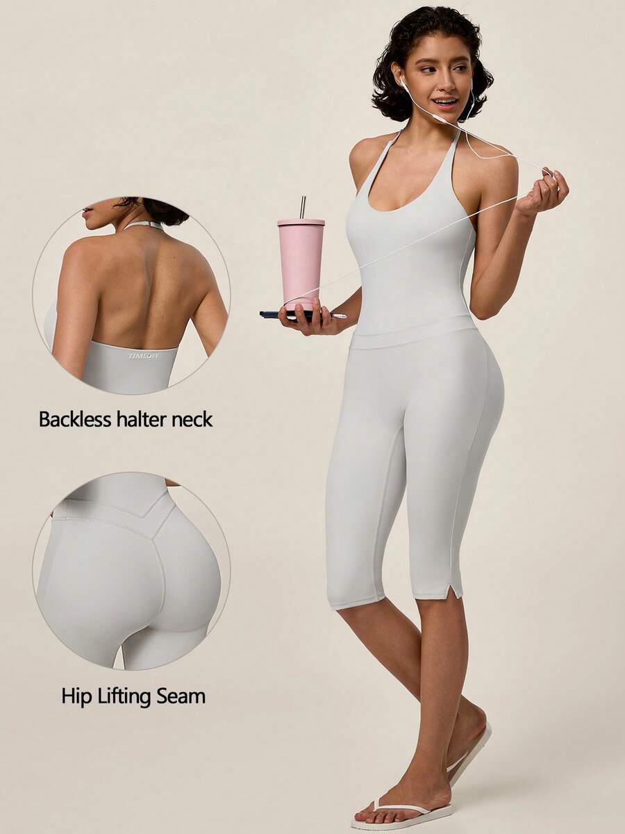 TimeOff Jumpsuit Wanita Satu Potong Warna Polos Model U-Neck Halter Tanpa Punggung dengan Tali Bahu yang Dapat Diatur dan Belahan Samping, Model Atletik Panjang Sedang - Grey - View 1