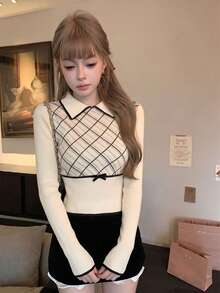 秋冬韓系甜美休閒風女款菱格紋蝴蝶結針織毛衣，翻領拼色學院風上衣，秋季穿搭 - 杏色 - 查看 5