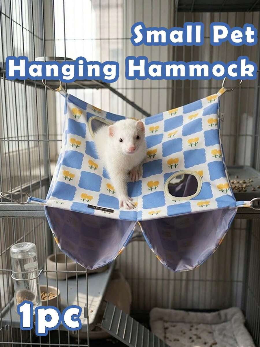 1pc Double-Layer Floral Pattern Ferret Hammock, Blue Sugar Glider Hanging Sleeping Bag, Waterproof Tunnel Nest, Hiding Place, Breathable, Multi-Opening, With Hooks, Cage Accessory, Suitable For Rabbits, Hamsters, Small Pets, Hamster Supplies