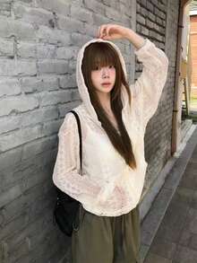 Jaket Renda Berkerudung Jacquard Berongga Gaya Remaja Niche Terbaru - Aprikot - View 3