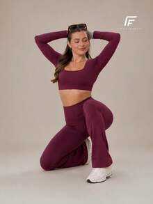 Plain Zero-Transparency Polyamide Flare Long Sleeve Fitness Gym Set - Burdeos - Ver 4