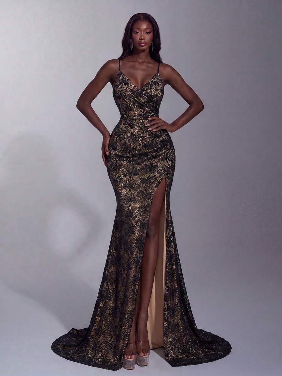 Delicate Spaghetti Strap Backless Criss-Cross Women's Evening Dress - Suitable For Parties, Banquets, Weddings, Balls And Other Formal Occasions Party Vacation Black Spring