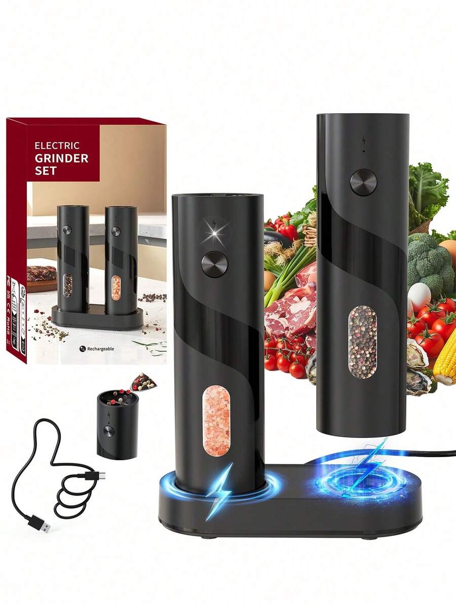 電動鹽與胡椒研磨器，1件/2件可選，電池與USB充電式，單手自動研磨附LED燈，附燈光充電底座，聖誕節、感恩節、新年節慶盛宴廚房小工具