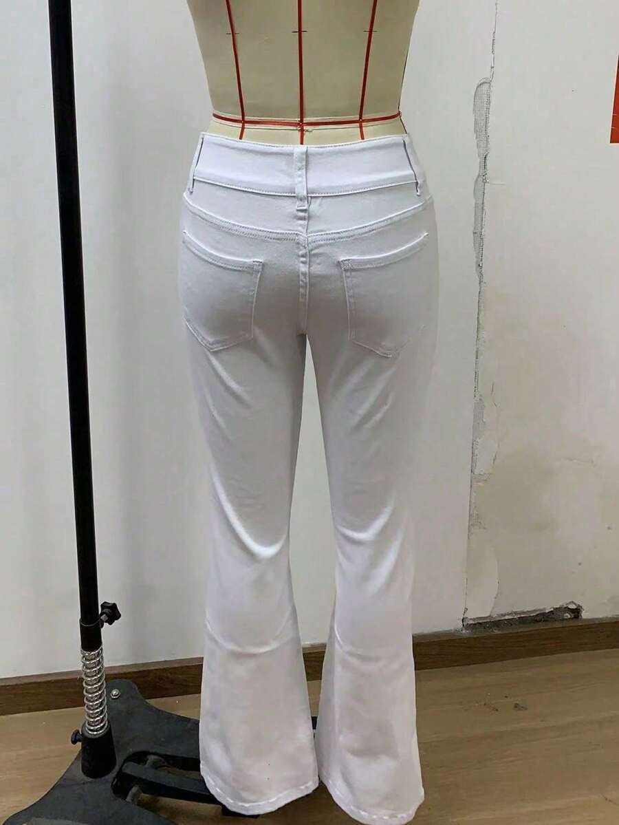 美式辣妹風彈性舒適低腰前扣性感水洗素色女款口袋牛仔褲 - 白色 - 查看 1