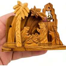 Miniature Nativity Set, Olive Wood Figures With Working Brass Bell From Bethlehem, 3.9 Inch, Hand Carved Palm Tree Holy Family Tabletop Religious Christmas Keepsake - Brown - View 4