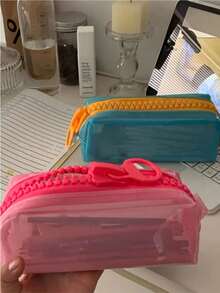 4 Colors Available, Jelly Texture, Dopamine Style Large Capacity Solid Color Minimalist Stationery Storage Bag, Thickened Wear-Resistant Soft Silicone Material, Upright Anti-Collapse Pencil Case, Suitable For Back To School Season - Multicolor - View 4