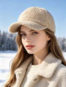 1pc Women's Solid Color Lambswool Fashion Curved Brim Baseball Cap, Plush Baseball Cap, Autumn/Winter Outdoor Golf Sports Hat, Suitable For Daily Wear, Warm And Cold-Proof - Sherpa Baseball Cap - View 5