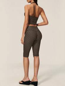 TimeOff Women's One Set Polka Dot Halter Neck V-Neck Backless Tank Top And Bermuda Shorts Sports Set - Brown - View 3