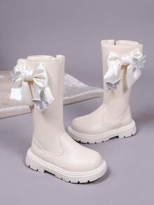 1 Pair Girls' Satin Bow Rhinestone High-Top Boots, PU Side Zipper, Cream White, All-Season, Thick Sole Long Boots - Beige - View 1