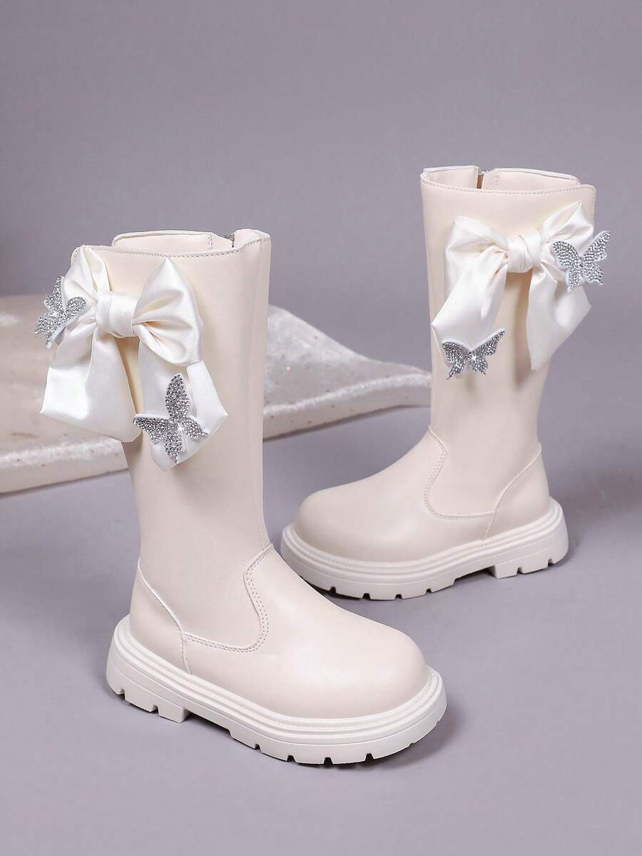 1 Pair Girls' Satin Bow Rhinestone High-Top Boots, PU Side Zipper, Cream White, All-Season, Thick Sole Long Boots - Beige - View 1