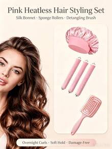 5/1pc Set Black And Pink 2-Color Optional Heatless Curling Set, Satin Sleep Cap, Soft Sponge Heatless Curling Rod And Vent Exfoliating Brush Kit, Women's Overnight Damage-Free Wavy Styling Tool, Gentle Soft Grip Slouchy Curling Device For Medium To Long Hair, DIY Salon Home Hair Styling Accessory Gift Set - Multicolor - View 3