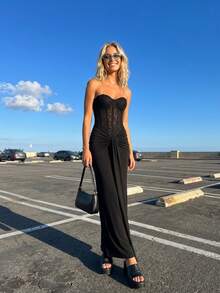 Women's Elegant Black Sleeveless Low Cut Neck Long Dress, Backless Woven Fabric Tank Style Gown With Slight Stretch - 黑色 - 查看 2