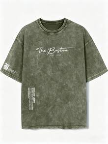 Plus Size Tall Men's Multi-Text Print Stone Washed Casual Crew Neck T-Shirt - Green - View 6