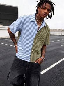 Camisa de manga corta con cuello cubano, estilo americano casual de calle, con bloques de color, rayas y pedrería para hombre - Verde militar - Ver 6