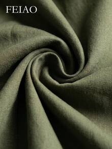 FEIAO Men's Loose Fit Vintage "Old Money Style" Solid Color Stand Collar Shirt, Linen-Like Fabric, Suitable For All Seasons - Army Green - View 7