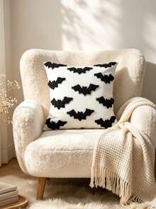 1pc Halloween Bat Plush Pillow Case, Hidden Zipper Pillow Cover, Autumn Decor Pillow Case, Home Decoration Halloween Decor Living Room Bedroom Sofa, No Pillow Insert - Black - View 1