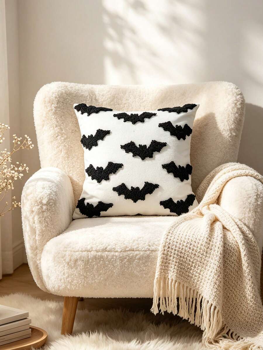 1pc Halloween Bat Plush Pillow Case, Hidden Zipper Pillow Cover, Autumn Decor Pillow Case, Home Decoration Halloween Decor Living Room Bedroom Sofa, No Pillow Insert - Black - View 1