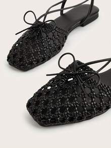 Square Toe Closed Toe Burgundy French Handmade Woven Bow Backless Slip-On Flat Sandals - Black - View 4