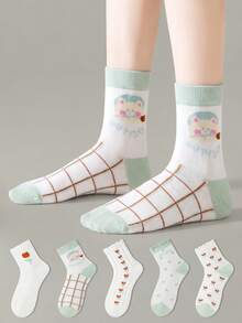 ZUJO 5 Pairs Women's Mid-Calf Ruffle Socks, Cartoon Bear & Heart & Flower Pattern, Suitable For Daily Wear, Simple And Comfortable, Random Color - Multicolor - View 4