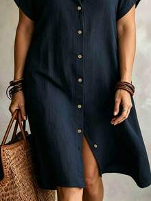 Plus Size Women's Casual Button-Up Mid-Length Shirt Dress, Collared Short Sleeve Elegant - Navy Blue - View 3