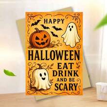 1 Grußkarte + 1 Umschlag Gruselige Halloween Grußkarte, Kürbis und Geist Design "Essen, Trinken und Gruselig sein", perfekt für Freunde, Halloween Festlicher Vintage Stil. - Übersicht 6