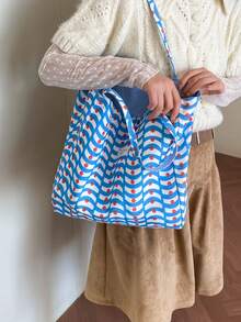 Women 2 Sides Reversible Shopping Tote Bag Big Capacity Letter Graphic Wave Polka Dot Print Portable Daily Shoulder Bag - Baby Blue - View 6