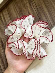 1pc Women's 19cm/7.48in Red Ditsy Floral Large Scrunchie, Fashionable Versatile High-End Elegant Minimalist Solid Color Hair Accessory, Suitable For Daily Wear, Casual, Beach, Party, Commuting, Vacation, Ponytail, Bun, Face Washing, Bathing, Makeup, Outfit Matching, Hair Ornament - Red - View 4