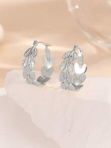 1 Pair Gold And Silver Leaf Decorated Hoop Earrings Suitable For Women's Daily Wear - Silver - View 1