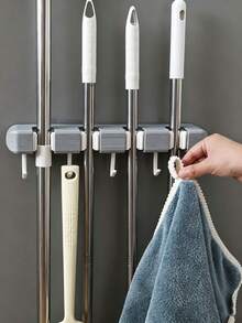 1PC No-Drill Strong Adhesive Mop Holder Rack, Wall-Mounted Mop Clip Holder With Traceless Sticker - Grey - View 5