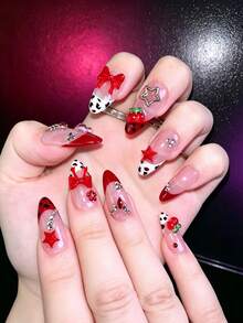 10pcs Women's Almond Shape Press-On Nails, Acrylic Fake Nails With Cherry, Bow, Star Nail Art Decor And Transparent Rhinestones, Nude Base Red French Tip Leopard Print Cute Almond Shape, Handmade Sweet Y2K Nail Stickers, Nail Art Supplies - Multicolor - View 3