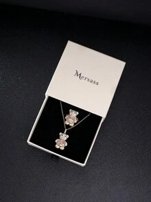 2Pcs 14K Gold Plated High Quality Full Zirconia Women's Jewelry Little Bear Pendant Necklace & Bear Ring For Weddings, Anniversaryn, Birthday Gifts - Teddy Bear Set - View 4