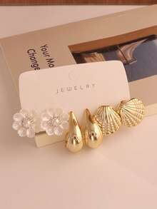 6/18PCS Fashionable Elegant Floral Geometric Ocean Series Multi-Element Gold Metallic Pearl Color Flower Earrings Set, Women's Fashion Earrings Set - Multicolor - View 11