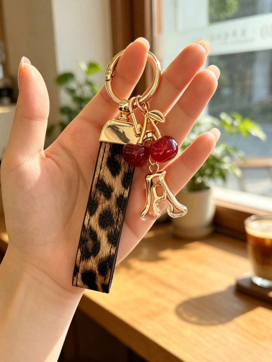 26 Letters To Choose From, Keychain Pendant, Creative Cherry Pendant, Leopard Print Pattern Key Strap, Car Keychain Pendant, Bag Decoration Pendant, Personalized Fashionable Key Matching. Key Accessories, Car Remote Control Decoration Pendant, Holiday Gift.