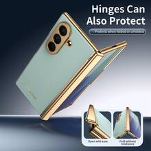 VIETAO 電鍍材質人造皮革全包覆手機殼，適用於 Galaxy Z Fold 7 6 5 4 8 Ultra Fold7 Fold6 Fold5 Fold4，附強化玻璃螢幕保護貼 - 青色 - 查看 3