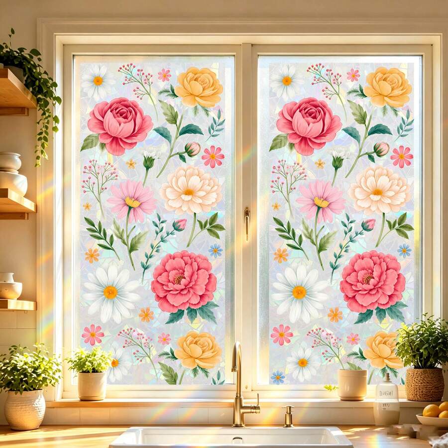 3D Rainbow Window Privacy Film, Colorful Plant & Floral Static Cling Glass Sticker, Removable Heat Insulation & Sunshade, Suitable For Kitchen, Living Room, Car Sunroof - Flower Glass Sticker - View 1