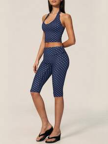TimeOff Women's One Set Polka Dot Halter V-Neck Backless Tank Top & Bermuda Shorts Sports Set - Navy Blue - View 6