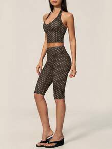 TimeOff Women's One Set Polka Dot Halter Neck V-Neck Backless Tank Top And Bermuda Shorts Sports Set - Brown - View 9