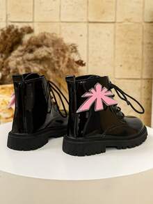 Botas de Trabalho Minimalistas Brilhantes para Meninas Outono/Inverno com Patch de Estrela, Sola Grossa Durável, Botas Curtas Casuais de Tornozelo para Escola - Rosa chiclete - Visão 3
