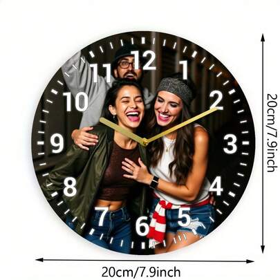 Custom 1pc 2D Print Personalized Black And White Custom Photo Design Wall Clock, Silent Non-Ticking, Round Wooden Frame, Battery Operated - Ideal For Home, Bedroom, Living Room Memory Personalized Gift For Family, Friends, Couple Birthdays