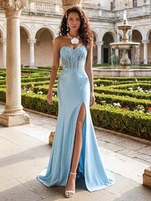 New Sexy Strapless High Slit Fishtail Evening Dress, Bridesmaid Dress Wedding Fall - Baby Blue - View 7