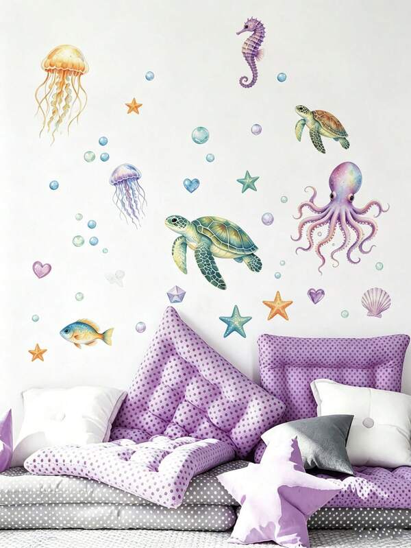 Nursery Wall Decals, Sea Turtle / Underwater Creatures / Mermaid Stickers, Home Decor, Toddler Bedroom Supplies, Cute Unisex Baby Room Wall Art