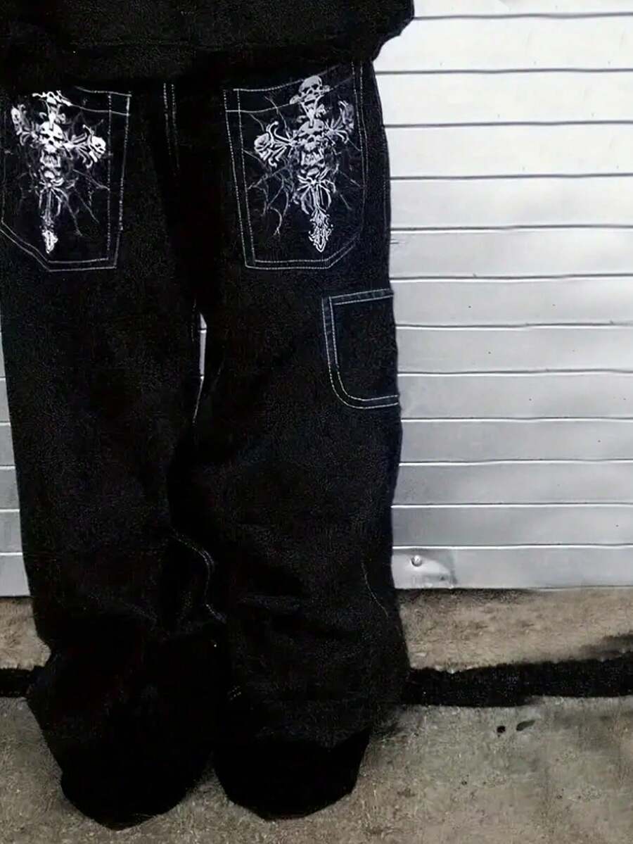 青少年男孩復古水洗寬腿牛仔褲,十字架與骷髏圖案,Y2K風格 - 黑色 - 查看 1