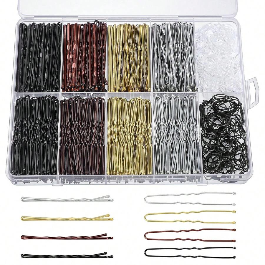 600Pcs Bobby Pins Hair Pin Set 4 Colors Silver Gold Brown Black Metal Wave Hairpins With Storage Box Non Slip Hair Clips Women Girls Hair Accessories For Updo Bun Bridal Hairstyle Wedding Daily Party Salon Hair Styling DIY Decor Long Short Thick Fine - 400 Hair Clips + 200 Hair Ties - View 1