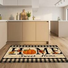 Autumn Pumpkin Maple Leaf Home Sweet Home Printed Small Rug, Black & White Plaid Country Style Entryway Doormat, Living Room Bedroom Hallway Decorative Floor Mat - Black - View 8