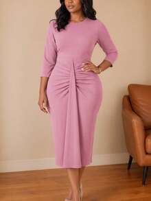 NOU Women's Mid-Length Pleated Dress With Waist Sash Decor, Formal Church Attire, Elegant Workwear, Fashion Green Solid Color Pleated Midi Dress, Wais - Pink - View 3