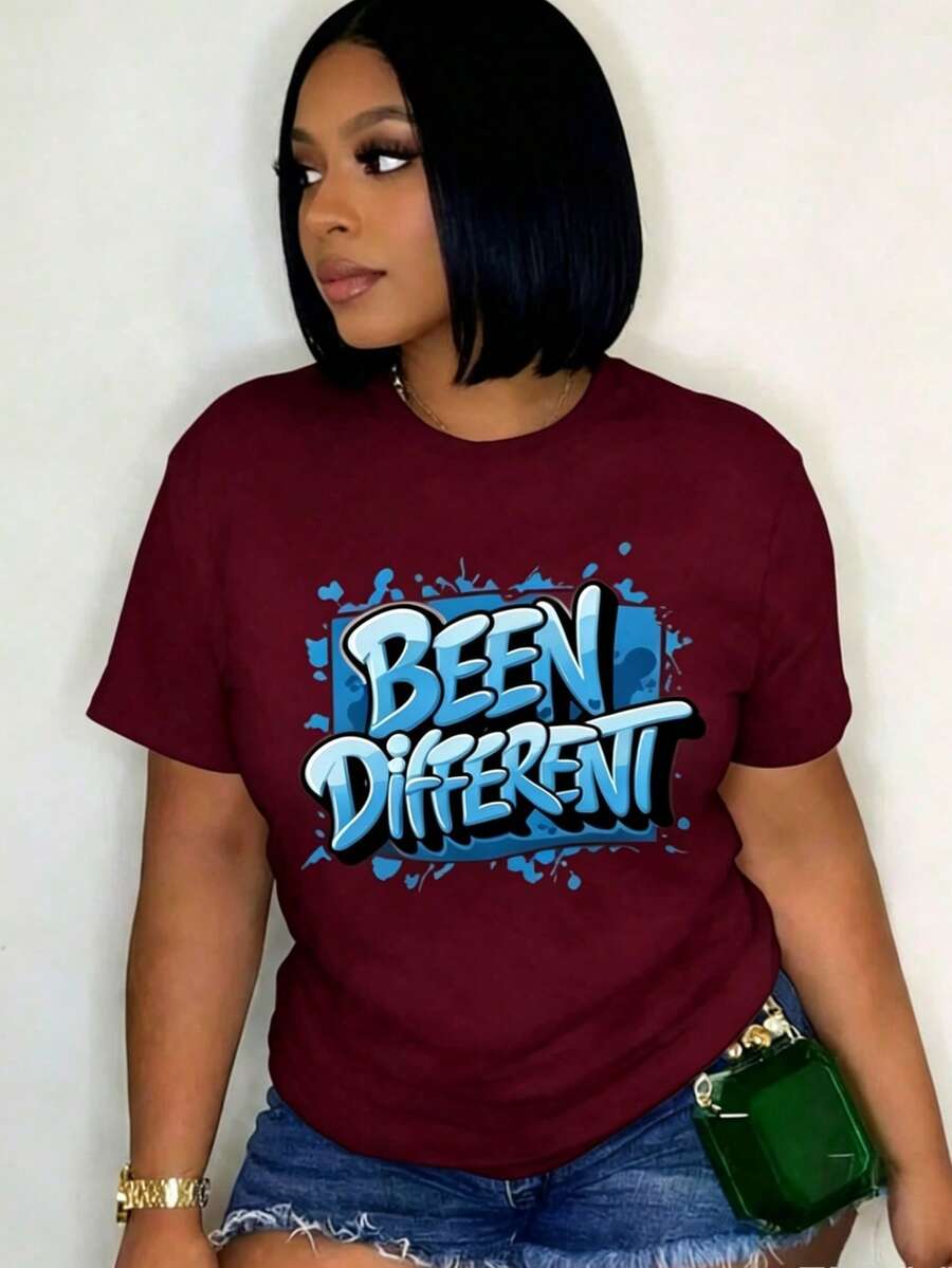 Women's Oversized Graphic Short-Sleeve Tee Blue Graffiti Inspired Design 'S Comfit FashionablewomenclothingRetro Y2K LoversCampusCommuteMusicFestivals - 酒紅色 - 查看 1