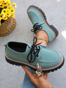 WTKMRSSTEP Autumn/Winter Vintage Thick Sole Loafers British Casual Commuter Shoes For Women - Mint Blue - View 1