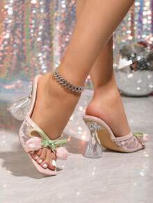女款優雅高跟涼鞋，2朵時尚花飾歐美風拖鞋，方頭開趾水晶透明粗跟，舒適適合派對、婚禮 - 粉色 - 查看 4